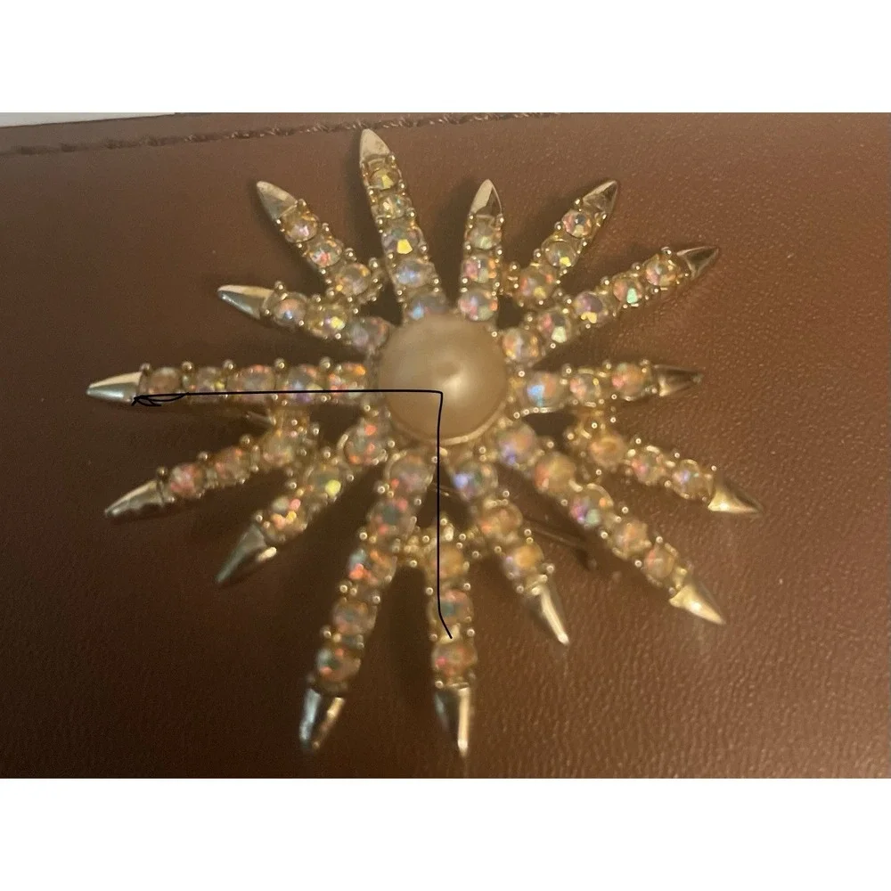 Vintage EMMONS Brooch Starburst AB Rhinestones & Faux Pearl Gold Tone Pin